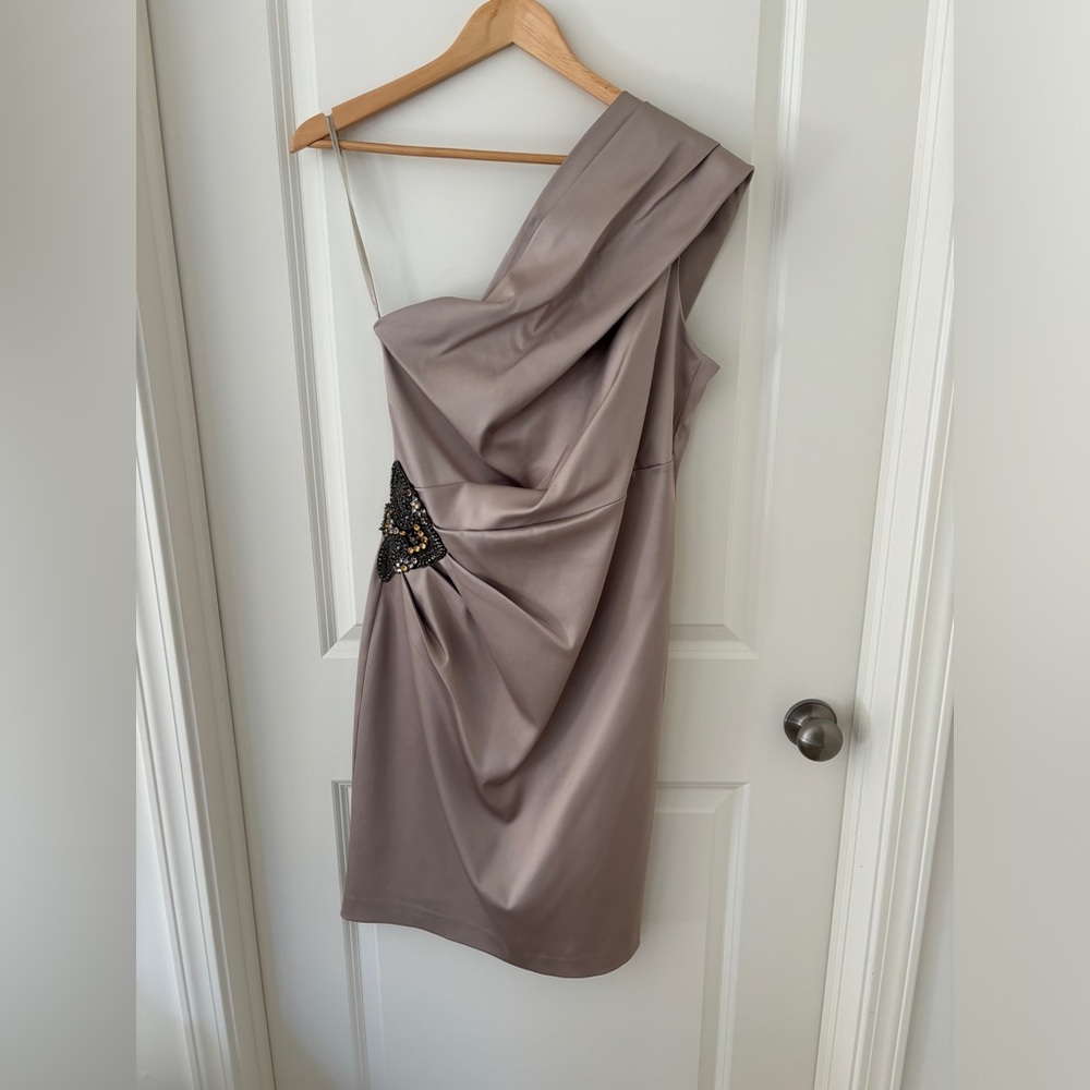 Eliza J One-shoulder Formal Dress Color Satin Beige Size 10